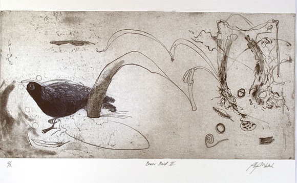 Artist: b'McIntosh, Alison.' | Title: b'Bower bird II' | Date: 1998, November | Technique: b'etching, printed in colour a la poup\xc3\xa9, from one plate' Artist: b'McIntosh, Alison.' | Title: b'Bower bird II' | Date: 1998, November | Technique: b'etching, printed in colour a la poup\xc3\xa9, from one plate'