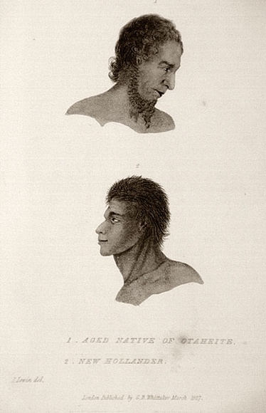 Artist: b'Lewin, J.W.' | Title: b'1. Aged native of Otaheite. 2. New Hollander' | Date: 1827 | Technique: b'engraving, printed in black ink, from one copper plate' Artist: b'Lewin, J.W.' | Title: b'1. Aged native of Otaheite. 2. New Hollander' | Date: 1827 | Technique: b'engraving, printed in black ink, from one copper plate'
