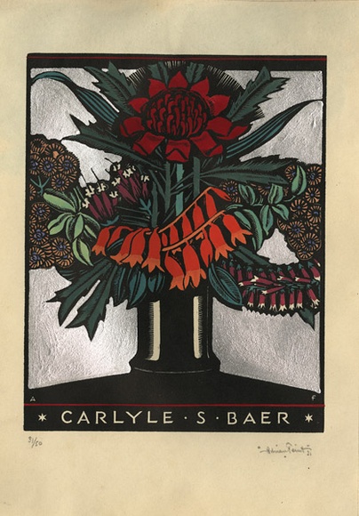 Artist: b'FEINT, Adrian' | Title: b'Bookplate: Carlyle S Baer.' | Date: 1931 | Technique: b'wood-engraving, printed in black ink, from one block; hand-coloured' | Copyright: b'Courtesy the Estate of Adrian Feint' Artist: b'FEINT, Adrian' | Title: b'Bookplate: Carlyle S Baer.' | Date: 1931 | Technique: b'wood-engraving, printed in black ink, from one block; hand-coloured' | Copyright: b'Courtesy the Estate of Adrian Feint'