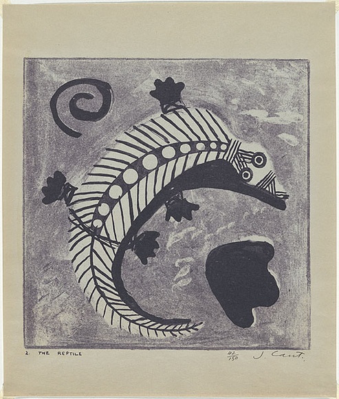 Artist: b'Cant, James.' | Title: b'The reptile.' | Date: 1948 | Technique: b'cliche-verre, printed in blue pigment, from one paper plate' Artist: b'Cant, James.' | Title: b'The reptile.' | Date: 1948 | Technique: b'cliche-verre, printed in blue pigment, from one paper plate'