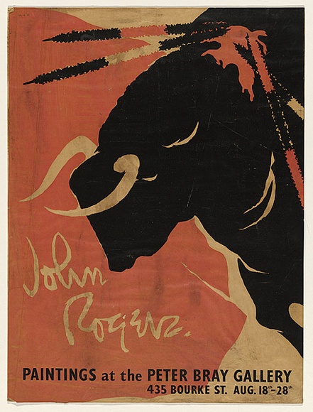 Title: b'John Rogers paintings at Peter Bray Gallery' | Date: 1953 | Technique: b'screenprint, printed in red and black ink, from two stencils' Title: b'John Rogers paintings at Peter Bray Gallery' | Date: 1953 | Technique: b'screenprint, printed in red and black ink, from two stencils'