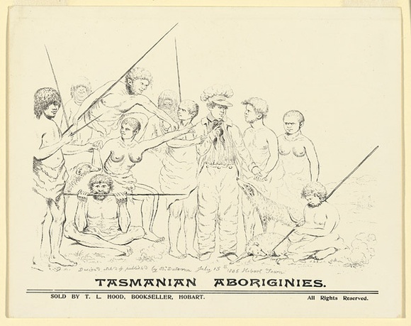 Artist: b'Duterrau, Benjamin.' | Title: b'Tasmanian Aborigines (The Conciliation).' | Date: c.1890 | Technique: b'photo-lineblock, printed in black ink' Artist: b'Duterrau, Benjamin.' | Title: b'Tasmanian Aborigines (The Conciliation).' | Date: c.1890 | Technique: b'photo-lineblock, printed in black ink'
