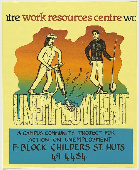 Artist: b'LITTLE, Colin' | Title: b'Work resources centre - for action on unemployment' | Date: 1981 | Technique: b'screenprint, printed in colour, from two stencils' Artist: b'LITTLE, Colin' | Title: b'Work resources centre - for action on unemployment' | Date: 1981 | Technique: b'screenprint, printed in colour, from two stencils'