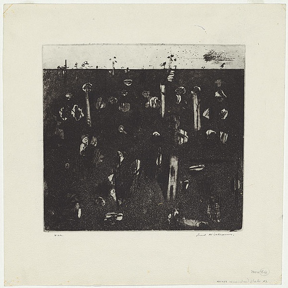 Artist: b'WILLIAMS, Fred' | Title: b'Landscape with green cloud and owl' | Date: 1965-66 | Technique: b'etching and aquatint, printed in black ink, from one copper plate' | Copyright: b'\xc2\xa9 Fred Williams Estate' Artist: b'WILLIAMS, Fred' | Title: b'Landscape with green cloud and owl' | Date: 1965-66 | Technique: b'etching and aquatint, printed in black ink, from one copper plate' | Copyright: b'\xc2\xa9 Fred Williams Estate'