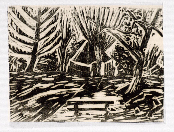 Artist: b'Sharp, James.' | Title: b'(Trees and hut)' | Technique: b'linocut, printed in black ink, from one block' | Copyright: b'\xc2\xa9 Estate of James Sharp' Artist: b'Sharp, James.' | Title: b'(Trees and hut)' | Technique: b'linocut, printed in black ink, from one block' | Copyright: b'\xc2\xa9 Estate of James Sharp'
