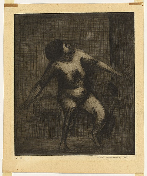 Artist: b'WILLIAMS, Fred' | Title: b'Nude figure' | Date: 1954-55 | Technique: b'etching, printed in black ink with plate-tone, from one zinc plate' | Copyright: b'\xc2\xa9 Fred Williams Estate' Artist: b'WILLIAMS, Fred' | Title: b'Nude figure' | Date: 1954-55 | Technique: b'etching, printed in black ink with plate-tone, from one zinc plate' | Copyright: b'\xc2\xa9 Fred Williams Estate'