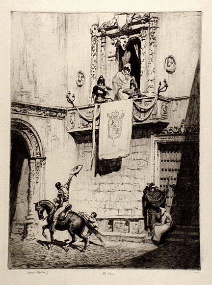 Artist: b'LINDSAY, Lionel' | Title: b'Old Spain' | Date: c.1950 | Technique: b'drypoint, printed in warm black ink, from one plate' | Copyright: b'Courtesy of the National Library of Australia'