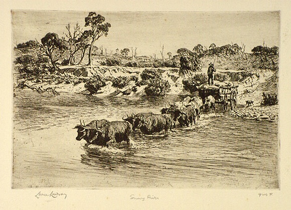 Artist: b'LINDSAY, Lionel' | Title: b'Snowy River' | Date: 1923 | Technique: b'etching and foul biting, printed in brown ink, from one plate' | Copyright: b'Courtesy of the National Library of Australia' Artist: b'LINDSAY, Lionel' | Title: b'Snowy River' | Date: 1923 | Technique: b'etching and foul biting, printed in brown ink, from one plate' | Copyright: b'Courtesy of the National Library of Australia'