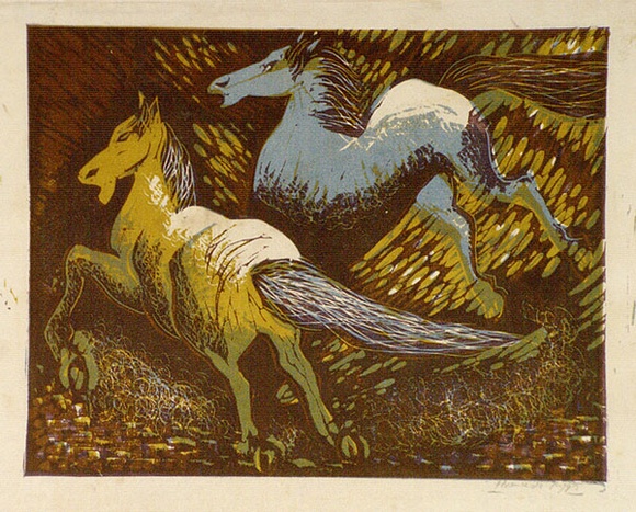Artist: b'Higgs, Florence.' | Title: b'(Two horses)' | Date: 1955 | Technique: b'linocut, printed in colour, from four blocks' Artist: b'Higgs, Florence.' | Title: b'(Two horses)' | Date: 1955 | Technique: b'linocut, printed in colour, from four blocks'