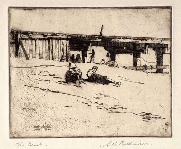 Artist: b'Baldwinson, Arthur.' | Title: b'The beach.' | Date: 1930 | Technique: b'etching, aquatint, printed in brown ink with plate-tone, from one copper plate' Artist: b'Baldwinson, Arthur.' | Title: b'The beach.' | Date: 1930 | Technique: b'etching, aquatint, printed in brown ink with plate-tone, from one copper plate'