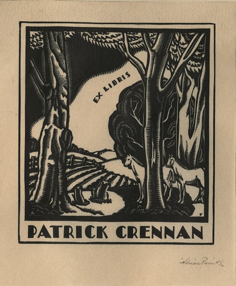 Artist: b'FEINT, Adrian' | Title: b'Bookplate: Patrick Crennan.' | Date: (1930) | Technique: b'wood-engraving, printed in black ink, from one block' | Copyright: b'Courtesy the Estate of Adrian Feint' Artist: b'FEINT, Adrian' | Title: b'Bookplate: Patrick Crennan.' | Date: (1930) | Technique: b'wood-engraving, printed in black ink, from one block' | Copyright: b'Courtesy the Estate of Adrian Feint'