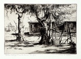 Artist: Glover, Allan. | Title: Parker's cottage, Moonta Mines | Date: 1929 | Technique: etching, printed in brown ink, from one plate