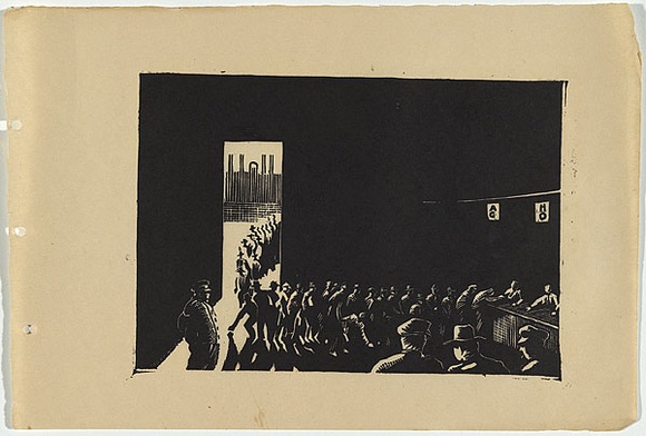 Artist: b'UNKNOWN, WORKER ARTISTS, SYDNEY, NSW' | Title: b'Not titled (lining up for work).' | Date: 1933 | Technique: b'linocut, printed in black ink, from one block' Artist: b'UNKNOWN, WORKER ARTISTS, SYDNEY, NSW' | Title: b'Not titled (lining up for work).' | Date: 1933 | Technique: b'linocut, printed in black ink, from one block'