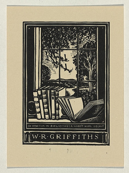Artist: b'FEINT, Adrian' | Title: b'Bookplate: W R Griffiths.' | Date: 1944 | Technique: b'wood-engraving, printed in black ink, from one block' | Copyright: b'Courtesy the Estate of Adrian Feint' Artist: b'FEINT, Adrian' | Title: b'Bookplate: W R Griffiths.' | Date: 1944 | Technique: b'wood-engraving, printed in black ink, from one block' | Copyright: b'Courtesy the Estate of Adrian Feint'