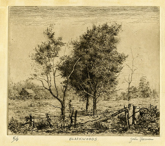 Artist: b'Farmer, John.' | Title: b'Blackwoods.' | Date: c.1948 | Technique: b'etching, printed in brown ink with plate-tone, from one plate' Artist: b'Farmer, John.' | Title: b'Blackwoods.' | Date: c.1948 | Technique: b'etching, printed in brown ink with plate-tone, from one plate'