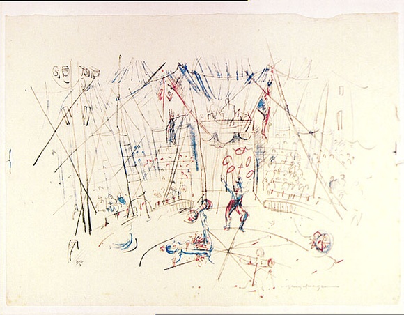 Artist: b'MACQUEEN, Mary' | Title: b'Circus' | Date: c.1960 | Technique: b'lithograph, printed in colour, from multiple plates in black, blue and orange ink' | Copyright: b'Courtesy Paulette Calhoun, for the estate of Mary Macqueen' Artist: b'MACQUEEN, Mary' | Title: b'Circus' | Date: c.1960 | Technique: b'lithograph, printed in colour, from multiple plates in black, blue and orange ink' | Copyright: b'Courtesy Paulette Calhoun, for the estate of Mary Macqueen'