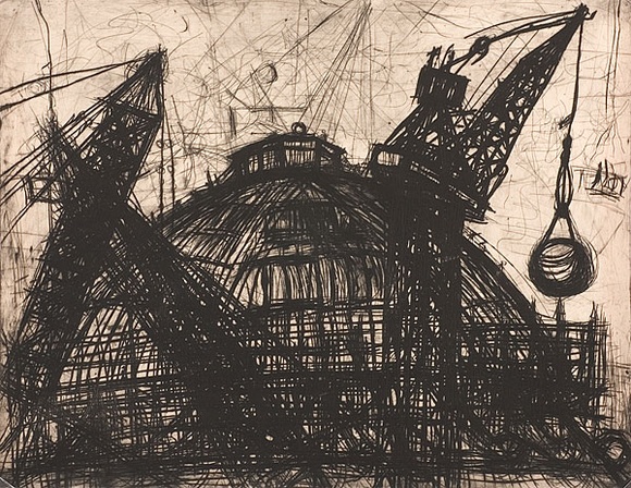 Artist: b'Luccio, Marco.' | Title: b'Cranes and State Library from the QVB site.' | Date: 2003 | Technique: b'drypoint, printed in black ink, from one plate' Artist: b'Luccio, Marco.' | Title: b'Cranes and State Library from the QVB site.' | Date: 2003 | Technique: b'drypoint, printed in black ink, from one plate'