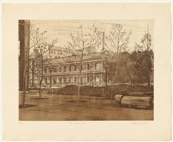 Artist: b'GRIFFITH, Pamela' | Title: b'The Mint, 1982' | Date: 1982 | Technique: b'hardground-etching, aquatint, and burnishing, printed in black ink, from one on one zinc plate' | Copyright: b'\xc2\xa9 Pamela Griffith' Artist: b'GRIFFITH, Pamela' | Title: b'The Mint, 1982' | Date: 1982 | Technique: b'hardground-etching, aquatint, and burnishing, printed in black ink, from one on one zinc plate' | Copyright: b'\xc2\xa9 Pamela Griffith'