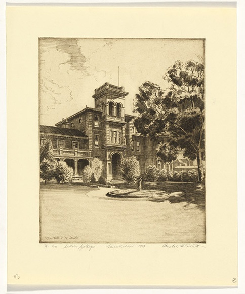 Artist: b'PLATT, Austin' | Title: b'Methodist Ladies College, Launceston' | Date: 1937 | Technique: b'etching, printed in black ink, from one plate' Artist: b'PLATT, Austin' | Title: b'Methodist Ladies College, Launceston' | Date: 1937 | Technique: b'etching, printed in black ink, from one plate'