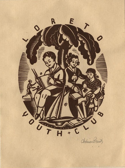 Artist: b'FEINT, Adrian' | Title: b'Bookplate: Loreto Youth Club.' | Date: (1937) | Technique: b'wood-engraving, printed in dark brown ink, from one block' | Copyright: b'Courtesy the Estate of Adrian Feint' Artist: b'FEINT, Adrian' | Title: b'Bookplate: Loreto Youth Club.' | Date: (1937) | Technique: b'wood-engraving, printed in dark brown ink, from one block' | Copyright: b'Courtesy the Estate of Adrian Feint'