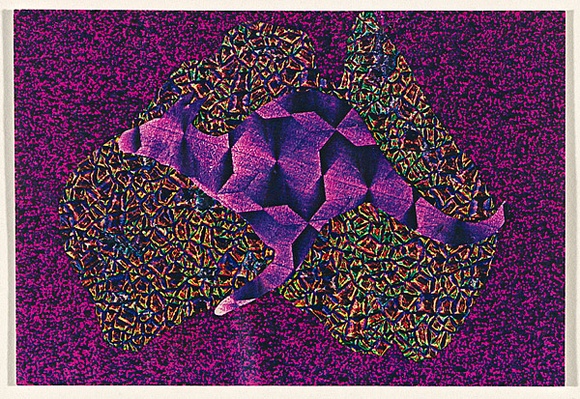 Artist: b'McDiarmid, David.' | Title: b'Postcard (Australia and a kangaroo)' | Date: 1985 | Technique: b'screenprint, printed in colour, from multiple stencils; collage' | Copyright: b'Courtesy of copyright owner, Merlene Gibson (sister)' Artist: b'McDiarmid, David.' | Title: b'Postcard (Australia and a kangaroo)' | Date: 1985 | Technique: b'screenprint, printed in colour, from multiple stencils; collage' | Copyright: b'Courtesy of copyright owner, Merlene Gibson (sister)'