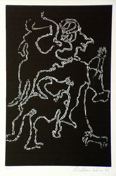 Artist: b'Wallace-Crabbe, Robin.' | Title: b'Walking the dog' | Date: 1966 | Technique: b'linocut, printed in black ink, from one block' | Copyright: b'\xc2\xa9 Robin Wallace-Crabbe, Licensed by VISCOPY, Australia' Artist: b'Wallace-Crabbe, Robin.' | Title: b'Walking the dog' | Date: 1966 | Technique: b'linocut, printed in black ink, from one block' | Copyright: b'\xc2\xa9 Robin Wallace-Crabbe, Licensed by VISCOPY, Australia'