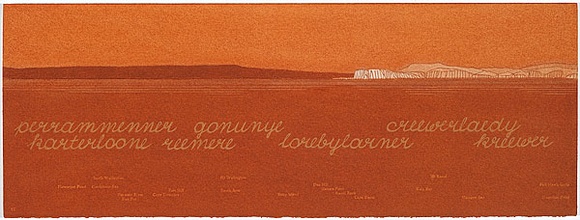 Artist: b'MADDOCK, Bea' | Title: b'Terra Spiritus...with a darker shade of pale' | Date: 1993-98 | Technique: b'stencil print, printed in hand-ground Launceston ochre from multiple hand-cut mylar stencils; letterpress text blind printed; hand-drawn script' Artist: b'MADDOCK, Bea' | Title: b'Terra Spiritus...with a darker shade of pale' | Date: 1993-98 | Technique: b'stencil print, printed in hand-ground Launceston ochre from multiple hand-cut mylar stencils; letterpress text blind printed; hand-drawn script'