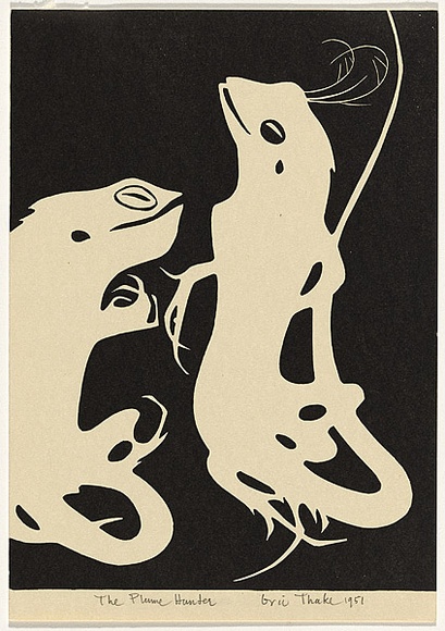 Artist: b'Thake, Eric.' | Title: b'Greeting card: Christmas (the Plume Hunter)' | Date: 1951 | Technique: b'linocut, printed in black ink, from one block' Artist: b'Thake, Eric.' | Title: b'Greeting card: Christmas (the Plume Hunter)' | Date: 1951 | Technique: b'linocut, printed in black ink, from one block'