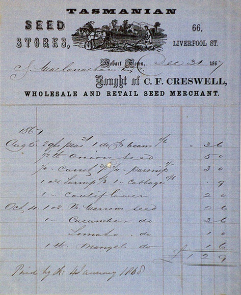 Artist: b'UNKNOWN' | Title: b'Billhead: Tasmanian Seed stores, 66 Liverpool St., Hobart Town' | Date: c.1864 | Technique: b'wood-engraving, printed in black ink, from one block; with pen and ink' Artist: b'UNKNOWN' | Title: b'Billhead: Tasmanian Seed stores, 66 Liverpool St., Hobart Town' | Date: c.1864 | Technique: b'wood-engraving, printed in black ink, from one block; with pen and ink'