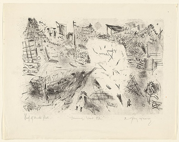 Artist: b'MACQUEEN, Mary' | Title: b'Dunnings wood pile' | Date: 1976 | Technique: b'lithograph, printed in black ink, from one plate' | Copyright: b'Courtesy Paulette Calhoun, for the estate of Mary Macqueen' Artist: b'MACQUEEN, Mary' | Title: b'Dunnings wood pile' | Date: 1976 | Technique: b'lithograph, printed in black ink, from one plate' | Copyright: b'Courtesy Paulette Calhoun, for the estate of Mary Macqueen'