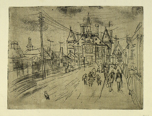 Artist: b'MACQUEEN, Mary' | Title: b'Street in Abbotsford' | Date: 1958 | Technique: b'etching and aquatint, printed in brown ink with plate-tone, from one plate' | Copyright: b'Courtesy Paulette Calhoun, for the estate of Mary Macqueen' Artist: b'MACQUEEN, Mary' | Title: b'Street in Abbotsford' | Date: 1958 | Technique: b'etching and aquatint, printed in brown ink with plate-tone, from one plate' | Copyright: b'Courtesy Paulette Calhoun, for the estate of Mary Macqueen'