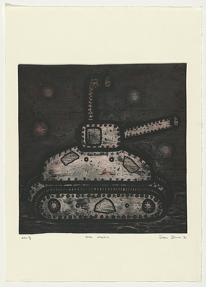 Artist: b'Bowen, Dean.' | Title: b'War machine' | Date: 1991 | Technique: b'aquatint, scraping and burnishing, printed in colour, from two plates' Artist: b'Bowen, Dean.' | Title: b'War machine' | Date: 1991 | Technique: b'aquatint, scraping and burnishing, printed in colour, from two plates'