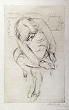 Artist: b'Armstrong, Ian.' | Title: b'(Cutting toenails).' | Date: 1950s | Technique: b'etching, drypoint printed in brown ink (from one  plate)'