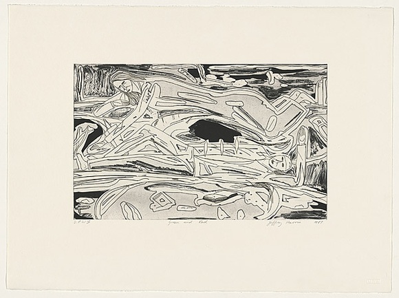 Artist: b'LOANE, John' | Title: b'Green and red' | Date: 1987 | Technique: b'burnished-etching, printed in black ink, from one plate' Artist: b'LOANE, John' | Title: b'Green and red' | Date: 1987 | Technique: b'burnished-etching, printed in black ink, from one plate'