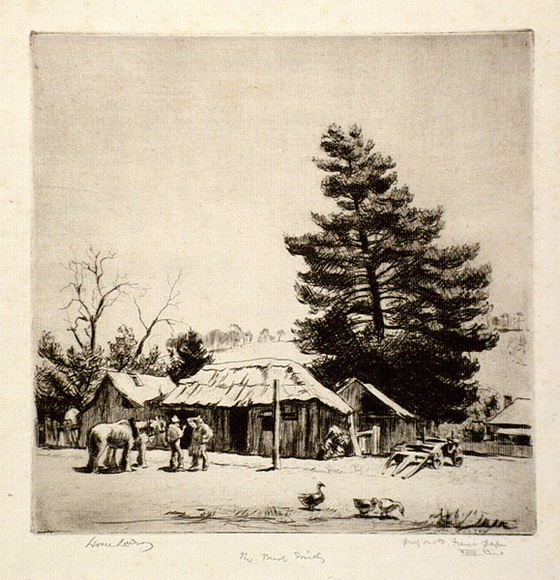 Artist: b'LINDSAY, Lionel' | Title: b'The bush smithy, Carcoar' | Date: 1925 | Technique: b'drypoint, printed in warm black ink with plate-tone, from one plate' | Copyright: b'Courtesy of the National Library of Australia' Artist: b'LINDSAY, Lionel' | Title: b'The bush smithy, Carcoar' | Date: 1925 | Technique: b'drypoint, printed in warm black ink with plate-tone, from one plate' | Copyright: b'Courtesy of the National Library of Australia'