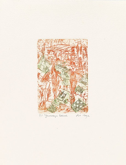 Artist: b'MEYER, Bill' | Title: b'Yerushalayim patchwork' | Date: 1992 | Technique: b'etching, printed in colour a la poupee, from one zinc plate' | Copyright: b'\xc2\xa9 Bill Meyer'