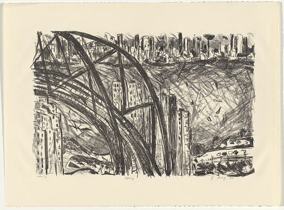 Artist: b'Boag, Yvonne.' | Title: b'Sydney' | Date: 1986 | Technique: b'lithograph, printed in black ink, from one stone' | Copyright: b'\xc2\xa9 Yvonne Boag' Artist: b'Boag, Yvonne.' | Title: b'Sydney' | Date: 1986 | Technique: b'lithograph, printed in black ink, from one stone' | Copyright: b'\xc2\xa9 Yvonne Boag'
