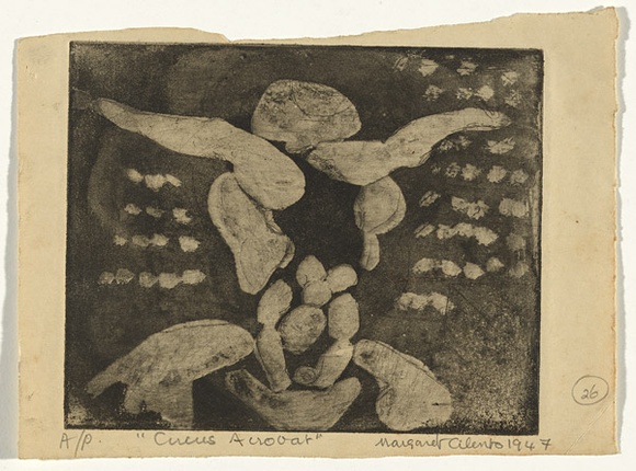 Artist: b'Cilento, Margaret.' | Title: b'Circus acrobat.' | Date: 1947 | Technique: b'etching and aquatint, printed in black ink, from one plate' Artist: b'Cilento, Margaret.' | Title: b'Circus acrobat.' | Date: 1947 | Technique: b'etching and aquatint, printed in black ink, from one plate'
