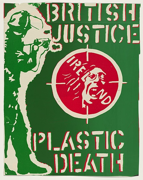 Artist: b'Friedman, Brook.' | Title: b'British Justice - Ireland - plastic death.' | Technique: b'screenprint, printed in colour, from two stencils' Artist: b'Friedman, Brook.' | Title: b'British Justice - Ireland - plastic death.' | Technique: b'screenprint, printed in colour, from two stencils'