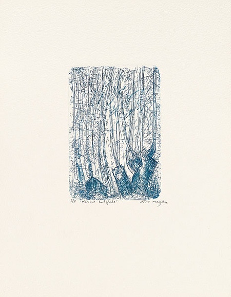 Artist: b'MEYER, Bill' | Title: b'Forest intifada.' | Date: 1992 | Technique: b'etching, printed in dark blue charbonnel, from one plate' | Copyright: b'\xc2\xa9 Bill Meyer' Artist: b'MEYER, Bill' | Title: b'Forest intifada.' | Date: 1992 | Technique: b'etching, printed in dark blue charbonnel, from one plate' | Copyright: b'\xc2\xa9 Bill Meyer'