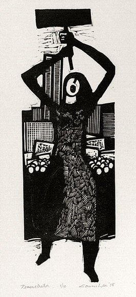 Artist: b'Counihan, Noel.' | Title: b'Demonstrator.' | Date: 1978, July | Technique: b'linocut, printed in black ink, from one block' Artist: b'Counihan, Noel.' | Title: b'Demonstrator.' | Date: 1978, July | Technique: b'linocut, printed in black ink, from one block'