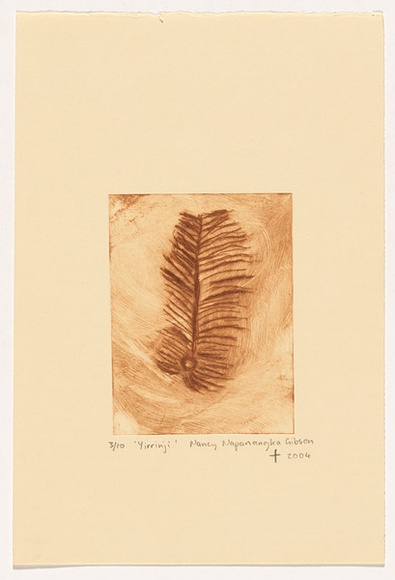 Artist: b'Napanangka Gibson, Nancy.' | Title: b'Yirrinji' | Date: 2004 | Technique: b'drypoint etching, printed in brown ink, from one perspex plate' Artist: b'Napanangka Gibson, Nancy.' | Title: b'Yirrinji' | Date: 2004 | Technique: b'drypoint etching, printed in brown ink, from one perspex plate'