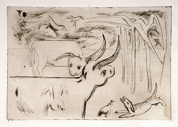Artist: b'Barwell, Jennifer.' | Title: b'(Animal farm).' | Date: (1955) | Technique: b'etching, printed in brown ink with plate-tone, from one plate' Artist: b'Barwell, Jennifer.' | Title: b'(Animal farm).' | Date: (1955) | Technique: b'etching, printed in brown ink with plate-tone, from one plate'