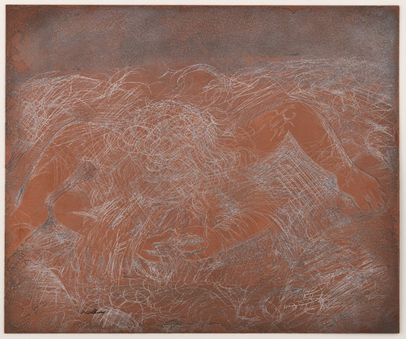Artist: b'BOYD, Arthur' | Title: b'Plate 6: Washing nude with starry sky.' | Date: 1962-63 | Technique: b'etched plate' | Copyright: b'This work appears on screen courtesy of Bundanon Trust' Artist: b'BOYD, Arthur' | Title: b'Plate 6: Washing nude with starry sky.' | Date: 1962-63 | Technique: b'etched plate' | Copyright: b'This work appears on screen courtesy of Bundanon Trust'