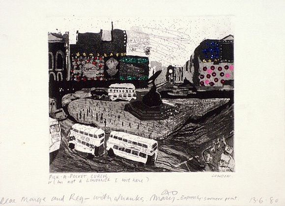 Artist: b'Moore, Mary.' | Title: b'Pick-A-Pocket, Circus, London' | Date: 1980 | Technique: b'etching and aquatint printed in black ink, from one plate with coloured glitter' | Copyright: b'\xc2\xa9 Mary Moore' Artist: b'Moore, Mary.' | Title: b'Pick-A-Pocket, Circus, London' | Date: 1980 | Technique: b'etching and aquatint printed in black ink, from one plate with coloured glitter' | Copyright: b'\xc2\xa9 Mary Moore'