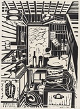 Artist: MEYER, Bill | Title: Interior, studio | Date: 1968 | Technique: linocut, printed in black ink by reduction block process | Copyright: © Bill Meyer