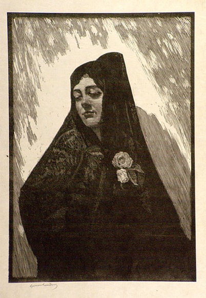 Artist: b'LINDSAY, Lionel' | Title: b'The black mantilla' | Date: c.1928 | Technique: b'wood-engraving, printed in black ink, from one block' | Copyright: b'Courtesy of the National Library of Australia' Artist: b'LINDSAY, Lionel' | Title: b'The black mantilla' | Date: c.1928 | Technique: b'wood-engraving, printed in black ink, from one block' | Copyright: b'Courtesy of the National Library of Australia'