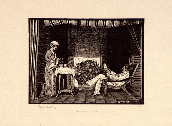 Artist: b'LINDSAY, Lionel' | Title: b'Morning tea' | Date: 1924 | Technique: b'wood-engraving, printed in black ink, from one block' | Copyright: b'Courtesy of the National Library of Australia' Artist: b'LINDSAY, Lionel' | Title: b'Morning tea' | Date: 1924 | Technique: b'wood-engraving, printed in black ink, from one block' | Copyright: b'Courtesy of the National Library of Australia'