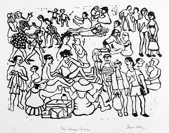 Artist: b'Allen, Joyce.' | Title: b'The large ladies.' | Date: 1987 | Technique: b'linocut, printed in black ink, from one block' Artist: b'Allen, Joyce.' | Title: b'The large ladies.' | Date: 1987 | Technique: b'linocut, printed in black ink, from one block'