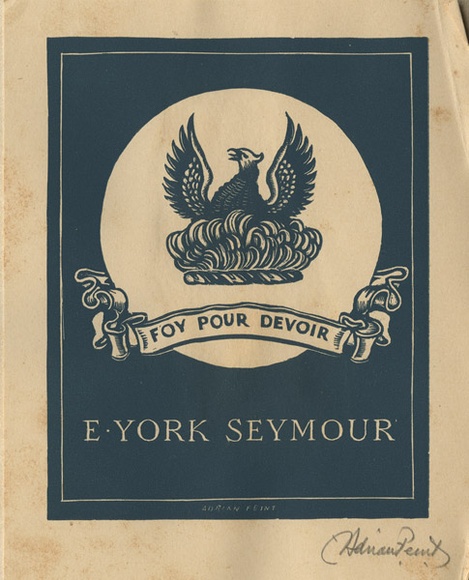 Artist: b'FEINT, Adrian' | Title: b'Bookplate: E York Seymour.' | Date: (1942) | Technique: b'wood-engraving, printed in blue ink, from one block' | Copyright: b'Courtesy the Estate of Adrian Feint' Artist: b'FEINT, Adrian' | Title: b'Bookplate: E York Seymour.' | Date: (1942) | Technique: b'wood-engraving, printed in blue ink, from one block' | Copyright: b'Courtesy the Estate of Adrian Feint'